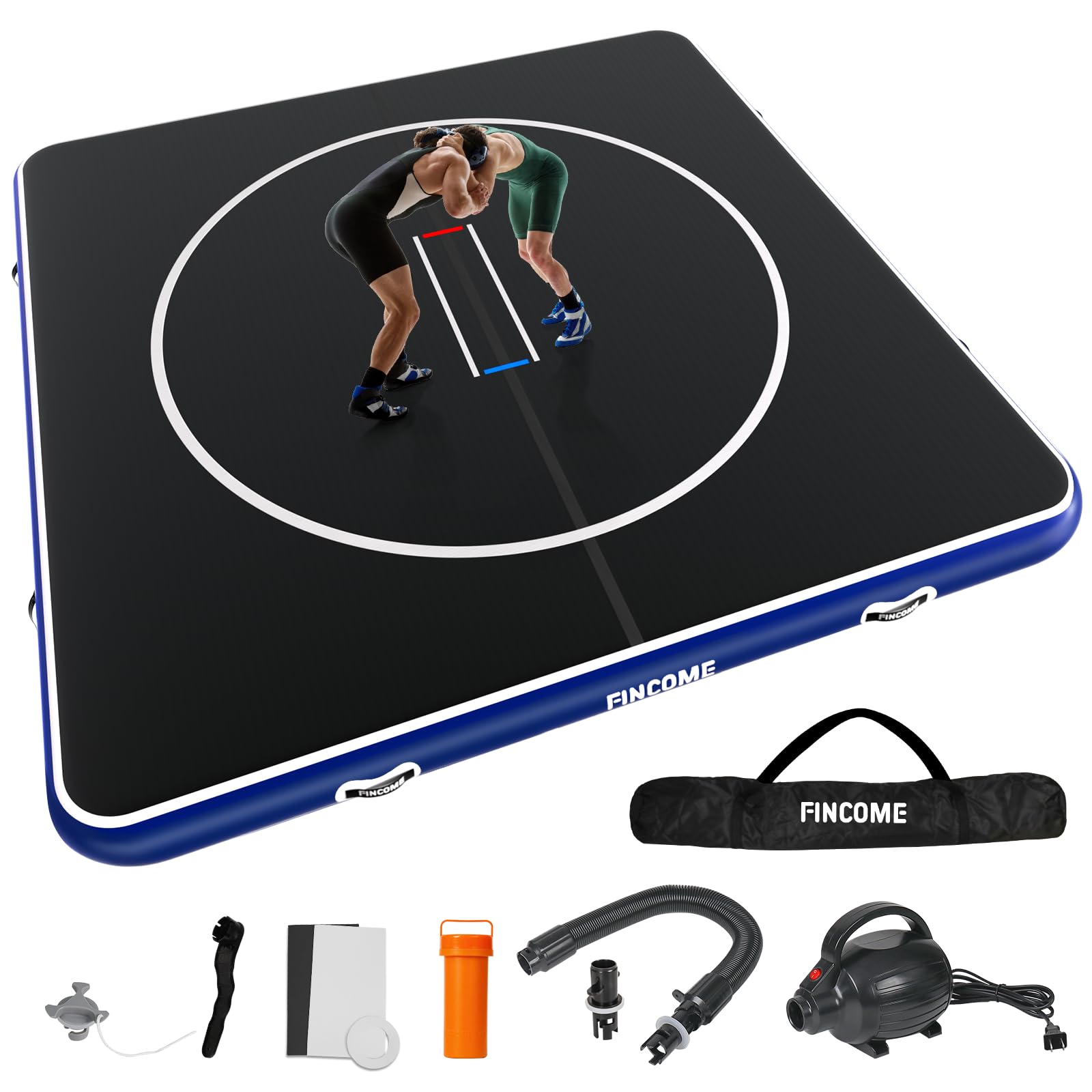 Photo 1 of FINCOME Inflatable Wrestling Mat 16ft/13ft/10ft, 4" Thick Foldable Jiu Jitsu Mats Wrestling Mats for Home Outdoor Indoor, Waterproof PVC Mat for Gymnastics, BJJ, MMA, Grappling, Judo, Boxing, 16ft*16ft*4inch Blue