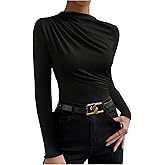 SweatyRocks Women's Ruched Long Sleeve Shirts Mock Neck Fitted T Shirts Basic Tops