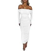 PRETTYGARDEN Women's Fall Off The Shoulder Maxi Dress Spring Long Sleeve Ruched Fitted Bodycon Club Dresses with Slit