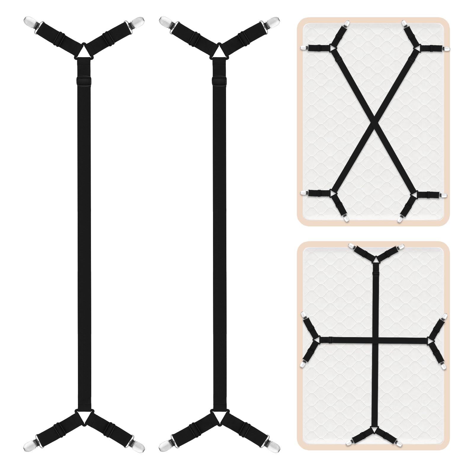 AUAUY 2PCS Extended Bed Sheet Clips, Adjustable Bed Sheet Straps with Clips, Mattress Fasteners to Hold Sheets in Place, Elastic Bed Sheet Holder Corner Straps for Bedding, Sofa Cushion-Black, 4 Clips