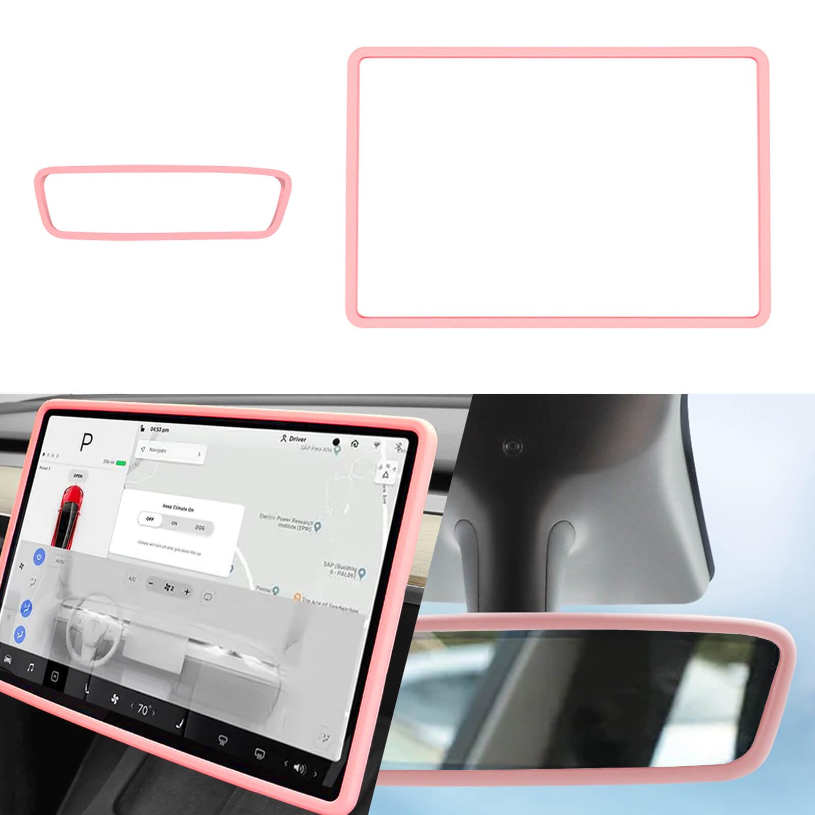 Photo 1 of Yeapop 2Pcs Silicone Protector Frames of Screen and Rear View Mirror for Tesla Model 3 2017-2023 and Model Y 2019-Feb.2025. (Pink)