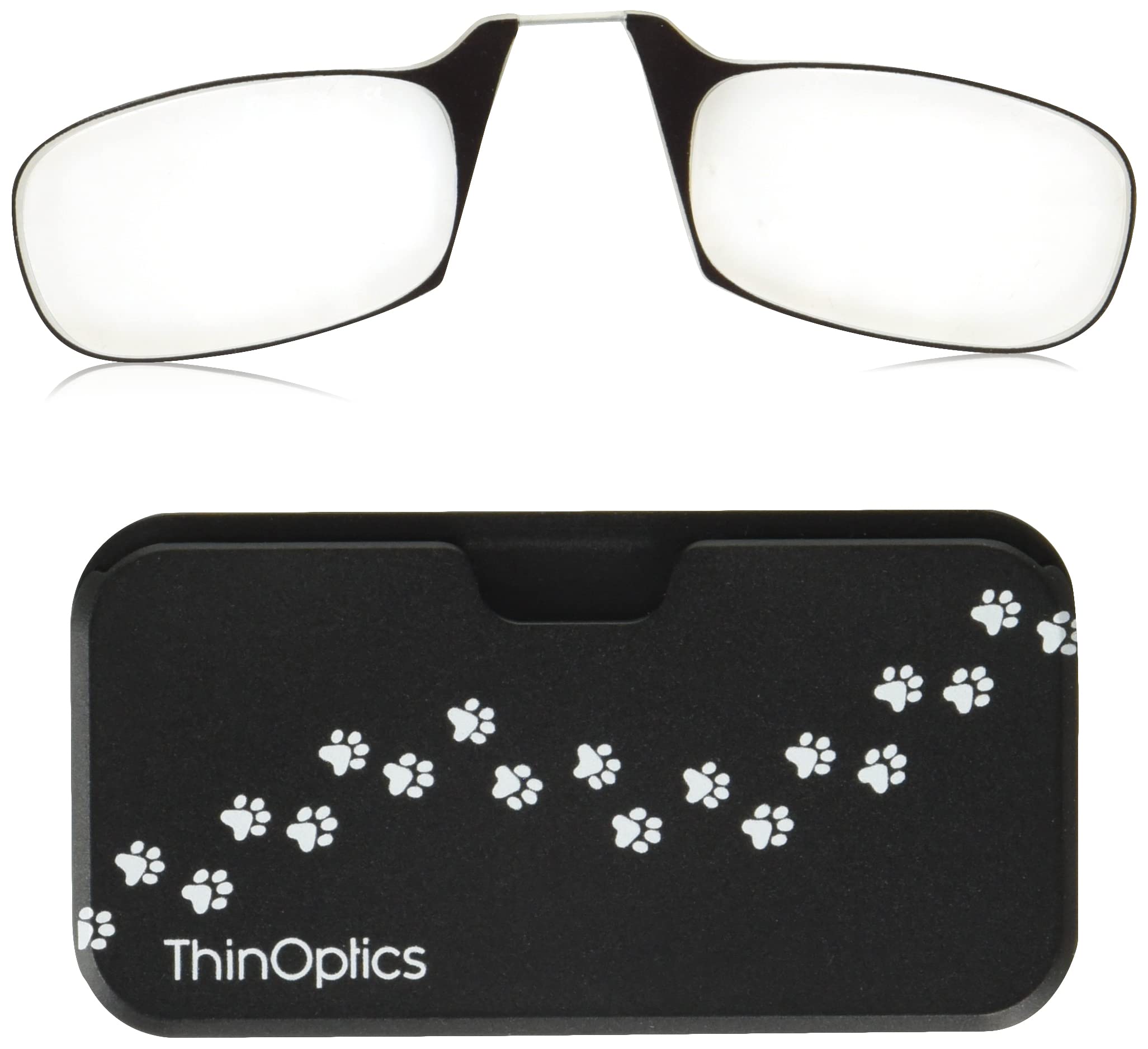 ThinOptics Reading Glasses 1.50 Black Frames with Paw Print Pattern Universal Pod Compact Case - Ultra-light Foldable Rectangular Glasses - Clip-on Nose - 1.50 Strength with Flex-Fit Technology