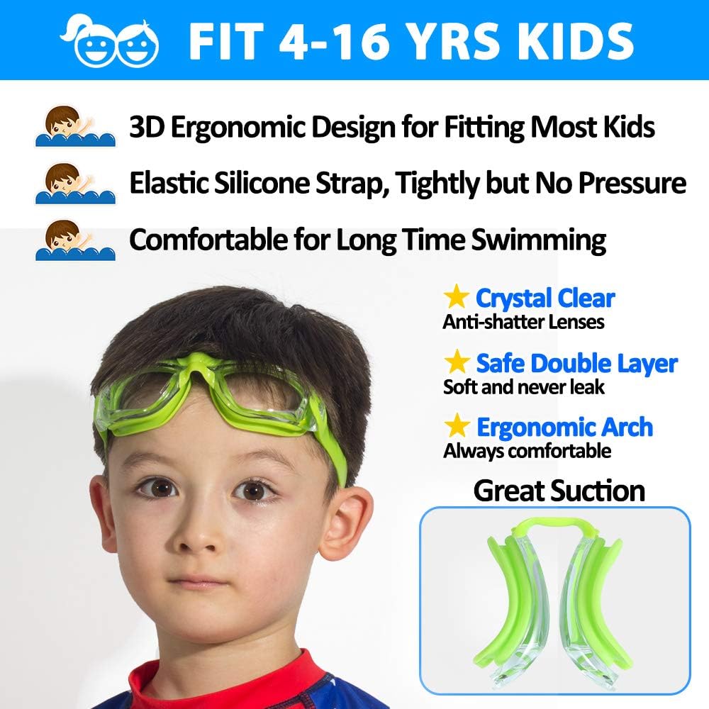 Kids Swim Goggles, 2 Pack Crystal Clear Swimming Goggles for Children and Teenagers, Anti-fog Anti-UV Youth Swimming Glasses, Leak proof, Free ear plugs, one button open straps, for 4-16 Y/O : Sports & Outdoors