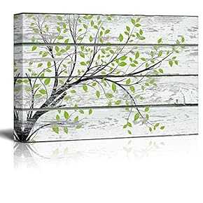 Canvas Prints Wall Art - Tree Branch with Green Leaves on Vintage Wood Background Rustic Home Decoration - 12" x 18"