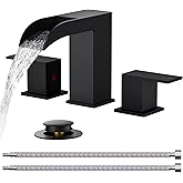 FORIOUS Matte Black Bathroom Faucets 3 Hole, 8 Inch Widespread Square Waterfall Bathroom Sink Faucet with Metal Pop-up Drain and cUPC Supply Lines, Two Handles for Vanity, Restroom, Commercial