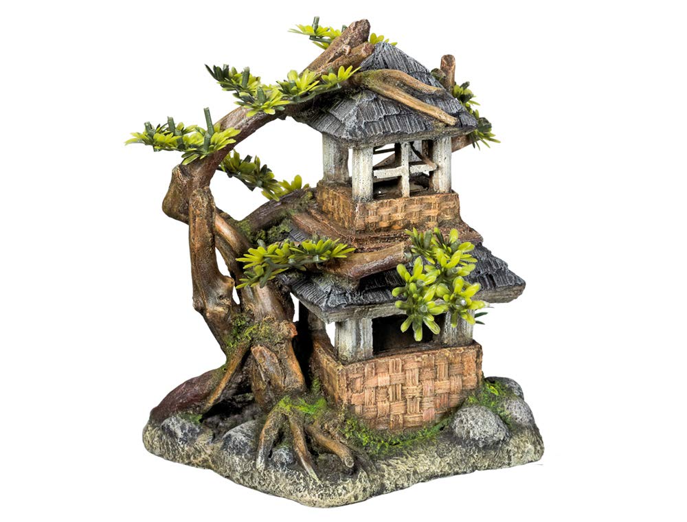 Nobby Aqua Ornaments House with Bonsai with Plants 17.5 x 15.5 x 19.8 cm