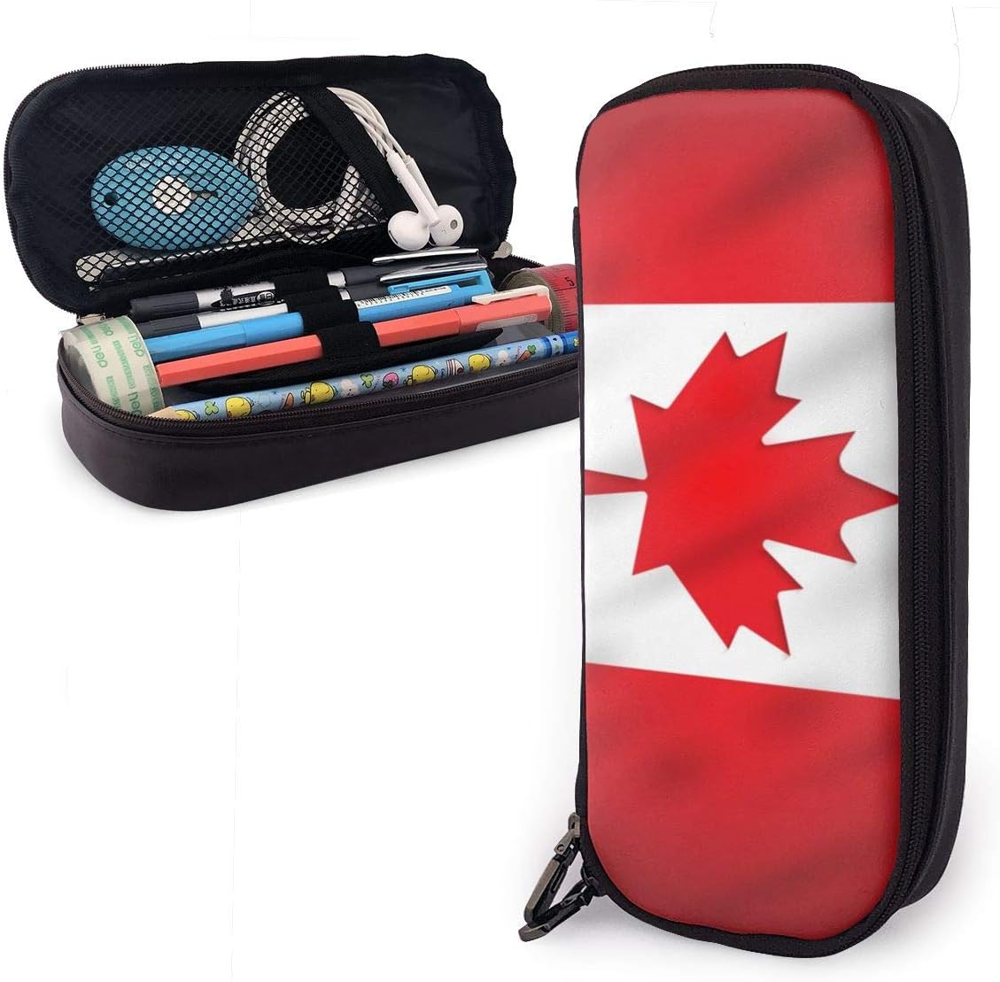Double-Zipper Brown PU Leather Pencil Case Bag for Kids Womens Mens,Students Durable High Capacity Stationery Pen Pouch Makeup Bag for School Supplies Happy Canada Day Red Maple Leaf