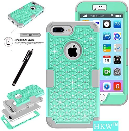 iPhone 7 Plus Case,iPhone 7 Plus Bling Case,HKW (TM) Bling Rhinestone 3 IN 1 Armor Defender Shockproof Back Case Protective Cover for Apple iPhone 7 Plus Diamond Case (Mint Green /Grey) (MA1835)