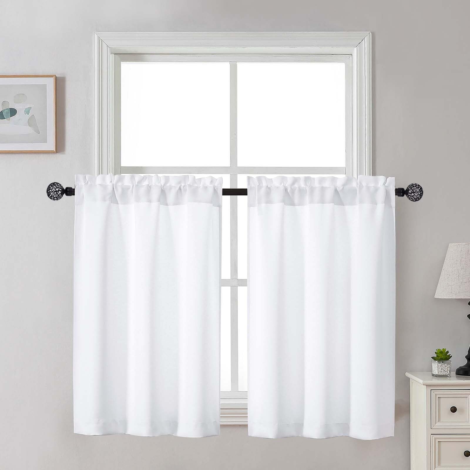 Photo 1 of Gwine Kitchen Curtains for Small Window Treatment, Light Filtering Short Cafe Curtains Over Sink, Half Window Drapes Tier for Bedroom Bathroom Rod Pocket, Each 30" Wx36 L, Pure White, 2 Panels