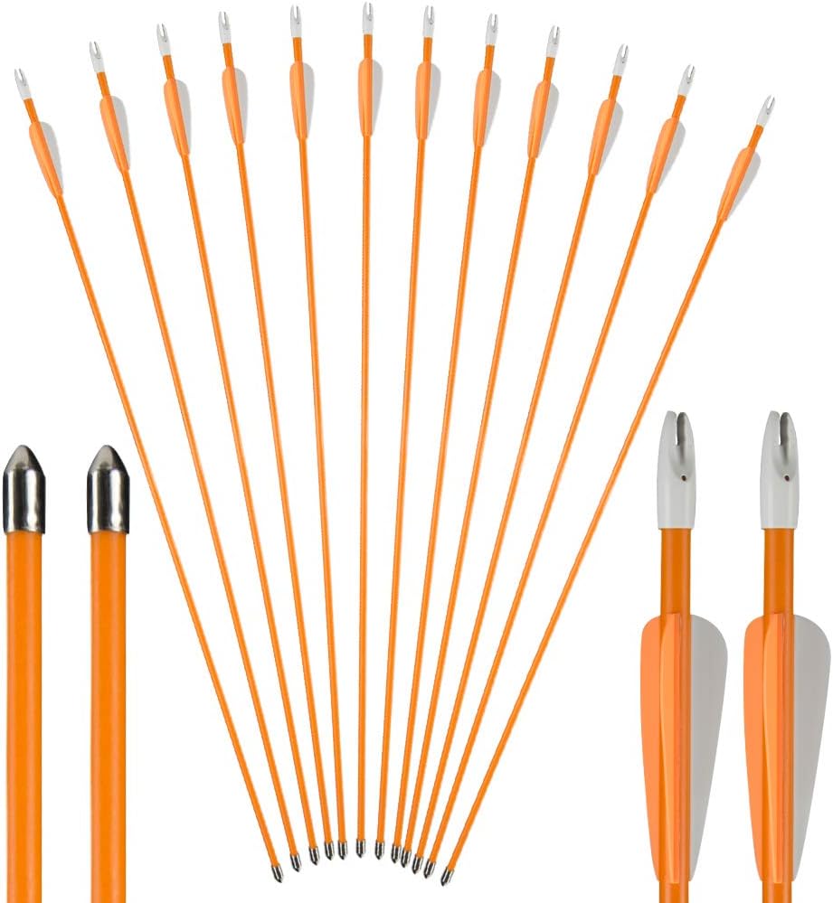 TOPARCHERY Fiberglass Youth Arrows, Archery 28/26 Inch Target Shooting Practice Safetyglass, Suitable for Youth Children Woman Beginner, for Recuve Bow(Pack of 12) (26inch 2 Orange 1 White) : Sports & Outdoors