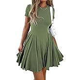 Mieazom Womens Summer Fit and Flare Swing Flowy Mini Dress Casual A Line Crewneck Pleated T Shirt Skater Dress Beach Sundress