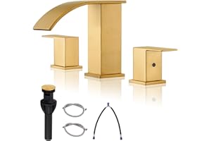 BRAVEBAR Gold Waterfall Bathroom Faucet 3 Holes - 8Inch Widespread Bathroom Sink Faucet | Two Handles Lavatory Vanity Sink Faucets with Pop-up Drain Assembly & Supply Lines Brushed Gold