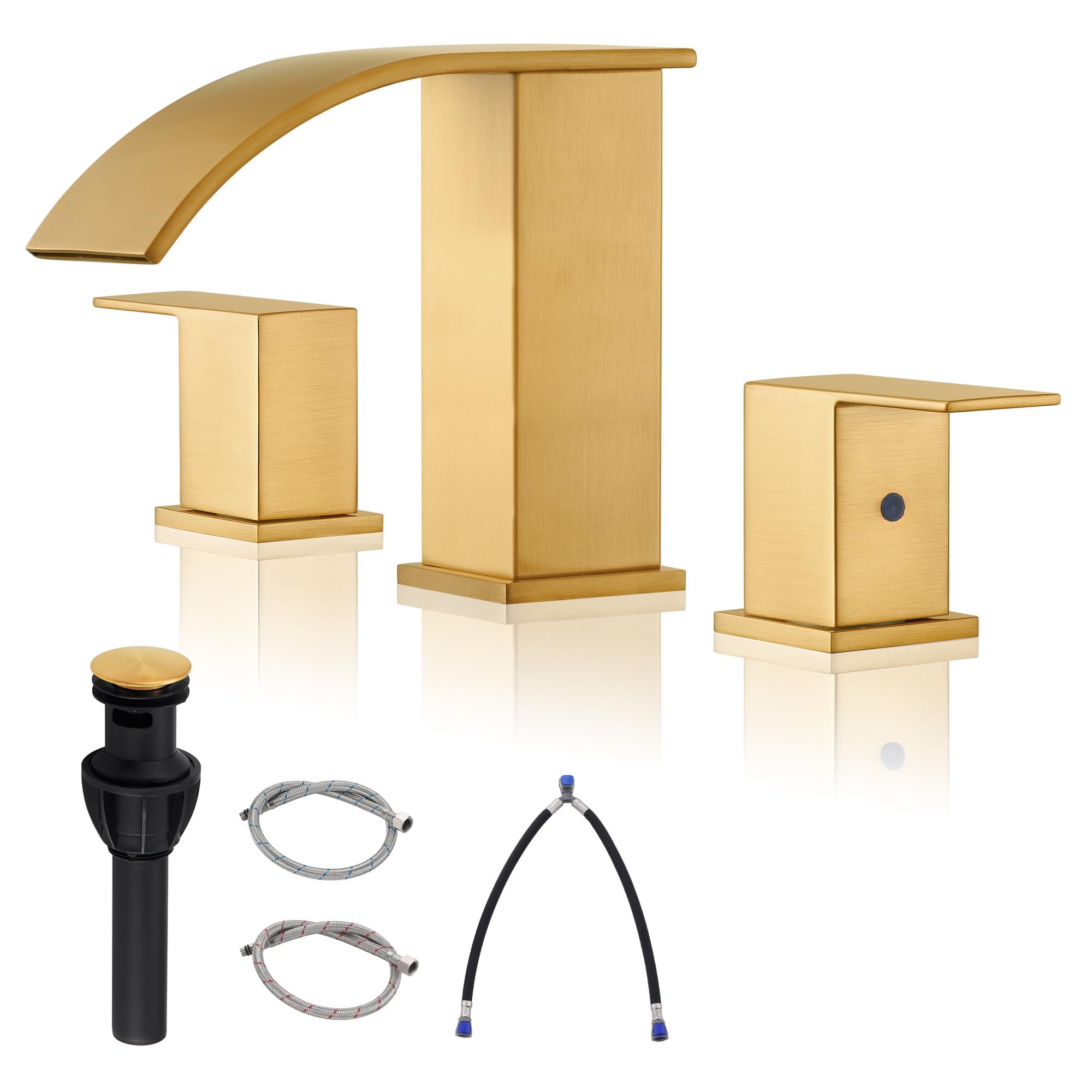Photo 1 of BRAVEBAR Gold Waterfall Bathroom Faucet 3 Holes - 8Inch Widespread Bathroom Sink Faucet | Two Handles Lavatory Vanity Sink Faucets with Pop-up Drain Assembly & Supply Lines Brushed Gold