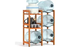 BETSEO 5 Gallon Water Jug Holder, Natural Solid Wood - 4 Slot Water Jug Stand with 2-Layer Storage Shelves, 5 Gal Water Bottle Holder Storage Rack with Water Dispenser Stand for Home/Office/Garage Organizer