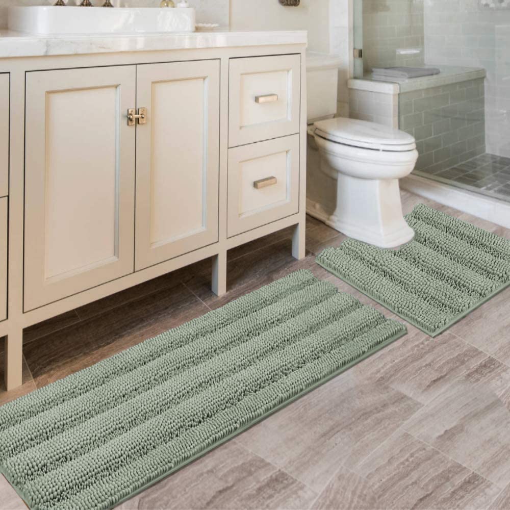 Photo 1 of H.VERSAILTEX Bathroom Rugs Bath Rug Set 2 Piece Bathroom Contour Rug Toilet Mat Sets Non Slip Contour Bath Rug Ultra Thick Water Absorbent Striped Bath Mats Washable(47" x 17" Plus 20" x 20" U, Sage)