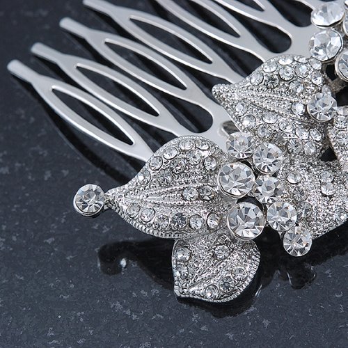 Bridal/ Wedding/ Prom/ Party Rhodium Plated Austrian Clear Crystal 'Leaves & Flowers' Hair Comb - 80mm
