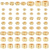 PH PandaHall 80pcs 18K Gold Plated Beads 8 Styles Flat Round Spacer Beads Brass Bead Spacers Column Rondelle Spacer Bead for Bracelet Necklace Beading Jewelry Making DIY Craft