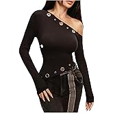 SweatyRocks Women's Goth Punk One Shoulder Crop Tops Long Sleeve Asymmetrical Hem Going Out Shirts