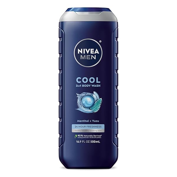 NIVEA MEN COOL BODY WASH, ICY MENTHOL AND YUZU SCENT, 3-IN-1 MEN’S BODY WASH, FACE AND HAIR, PARABEN FREE, PH-SKIN FRIENDLY, 16.9 FL OZ BOTTLE