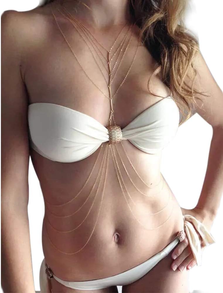 Cusmyre Bikini Cross Tassel Body Chain Adjustable Harness with Fine Chain Necklace Tassel Crossover Necklace Jewelry Waist Belly Chain for Women