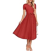 ZESICA Womens 2026 Summer Short Sleeve Midi Dresses Crewneck Knit Belted Pleated Business Work Cocktail A Line Flowy Dress