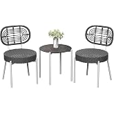 GarveeLife 3 Piece Wicker Patio Bistro Furniture Set, Outdoor Dining Chairs, Includes 2 Rattan Chairs and Tempered Glass Table, for Garden, Backyard, Balcony, Apartment, White &amp; Grey