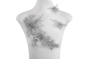 FixrWre Flower Pearl Fabric Rhinestones Beaded Lace Applique,3D Butterfly Embroidered Lace Patch for Clothes,Dress (Gray)