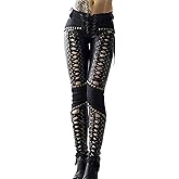 xxxiticat Women's Faux Leather Cross Pants High Waisted Rivet Lace Up Bandage PU Leather Patchwork Skinny Legging Pants