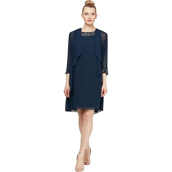 S.L. Fashions Women's Plus Size Chiffon Tier Jacket Dress with Bead Neck,  Sage, 14W at Amazon Women's Clothing store