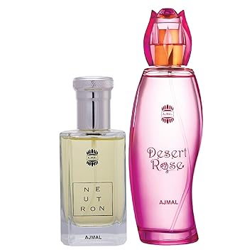 Ajmal Neutron EDP Citrus Fruity Perfume 100ml for Men and Desert Rose EDP Floral Oriental Perfume 100ml for Women + 2 Parfum Testers FREE