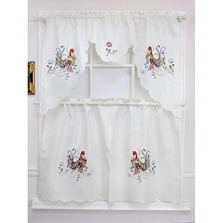 3pc Red Rooster Kitchen Tiers Valance Set 58x36 White Color