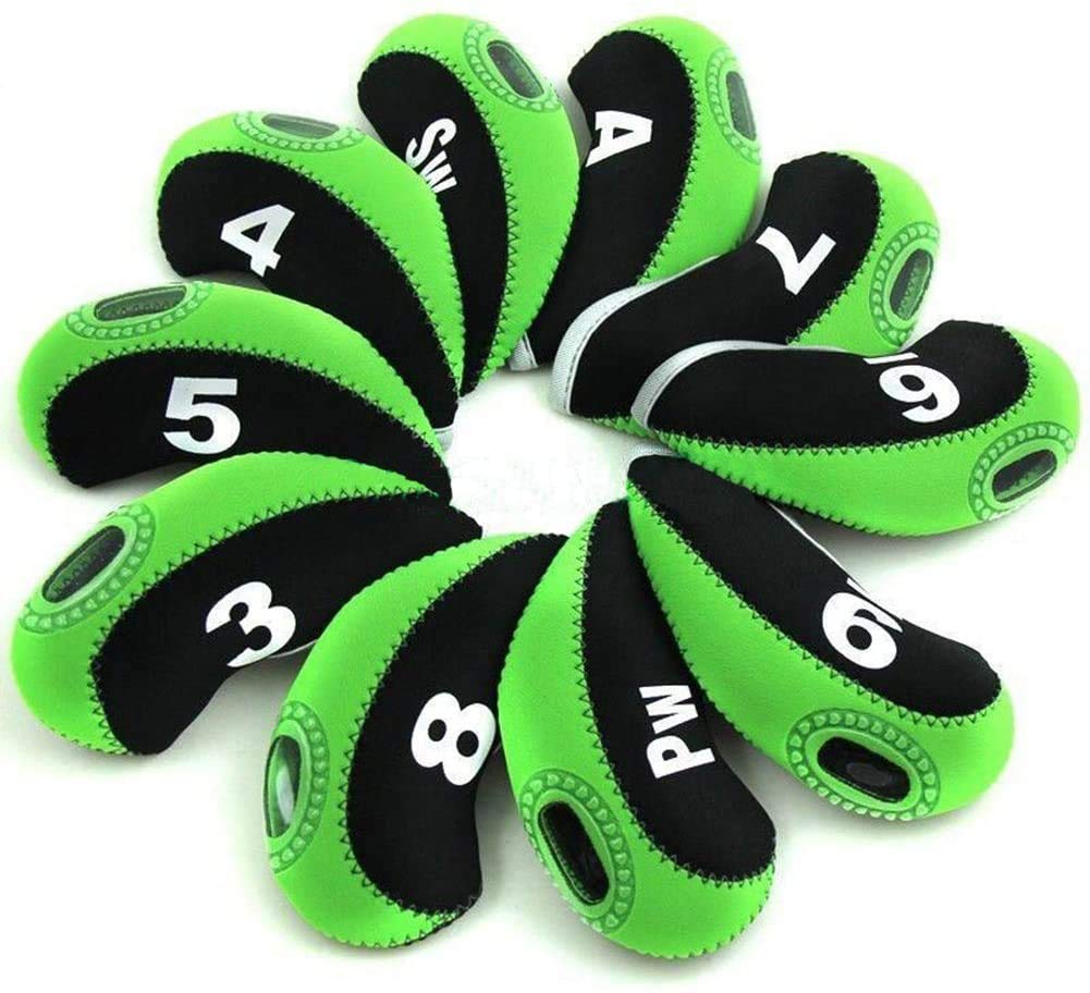 FLTRAD 10Pcs Golf Clubs Iron Head Covers 3-9 A/SW/PW Elastic Reused Neoprene Material with Number Tag Protect Case For Irons (Black&Green)