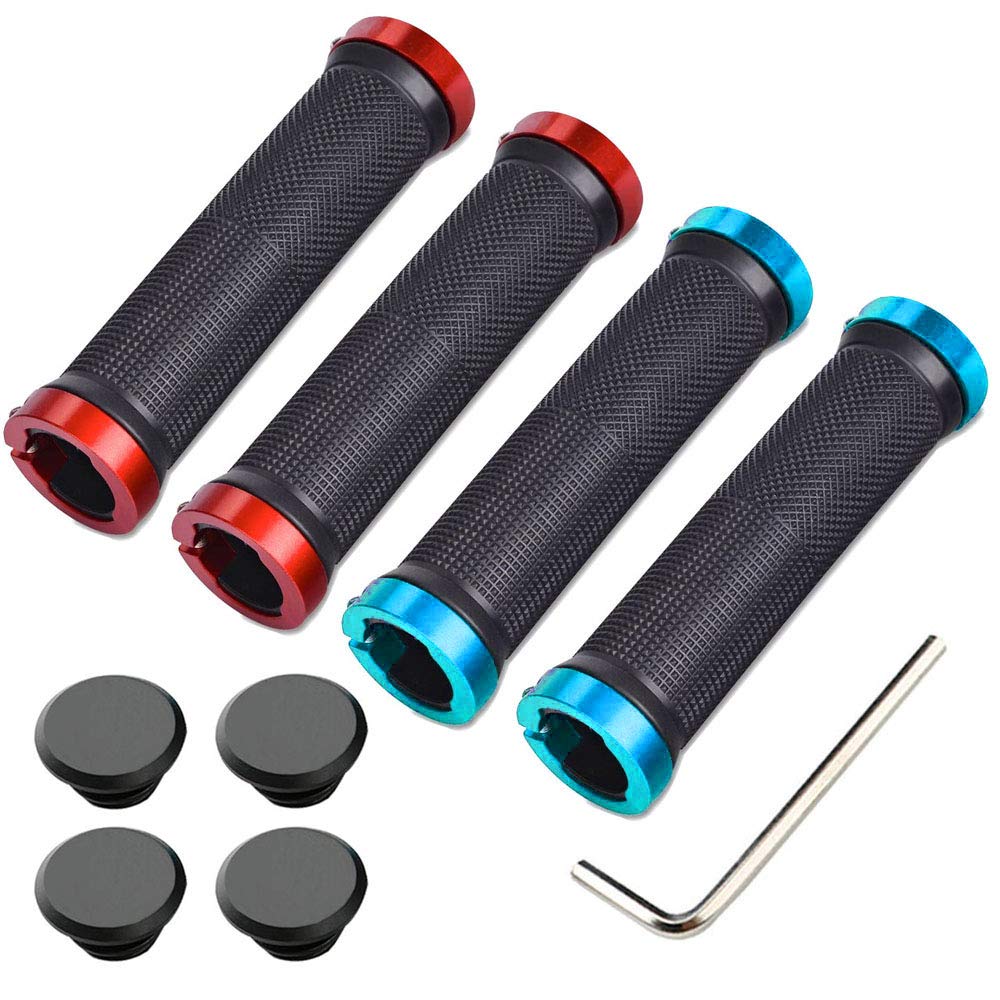 Aiqeer 2 Pairs Bike Handlebar Grips, Anti-Slip Rubber Bicycle Handle Grips with Aluminum Double Lock, Bike Handle Protector for MTB BMX (Blue + Red)