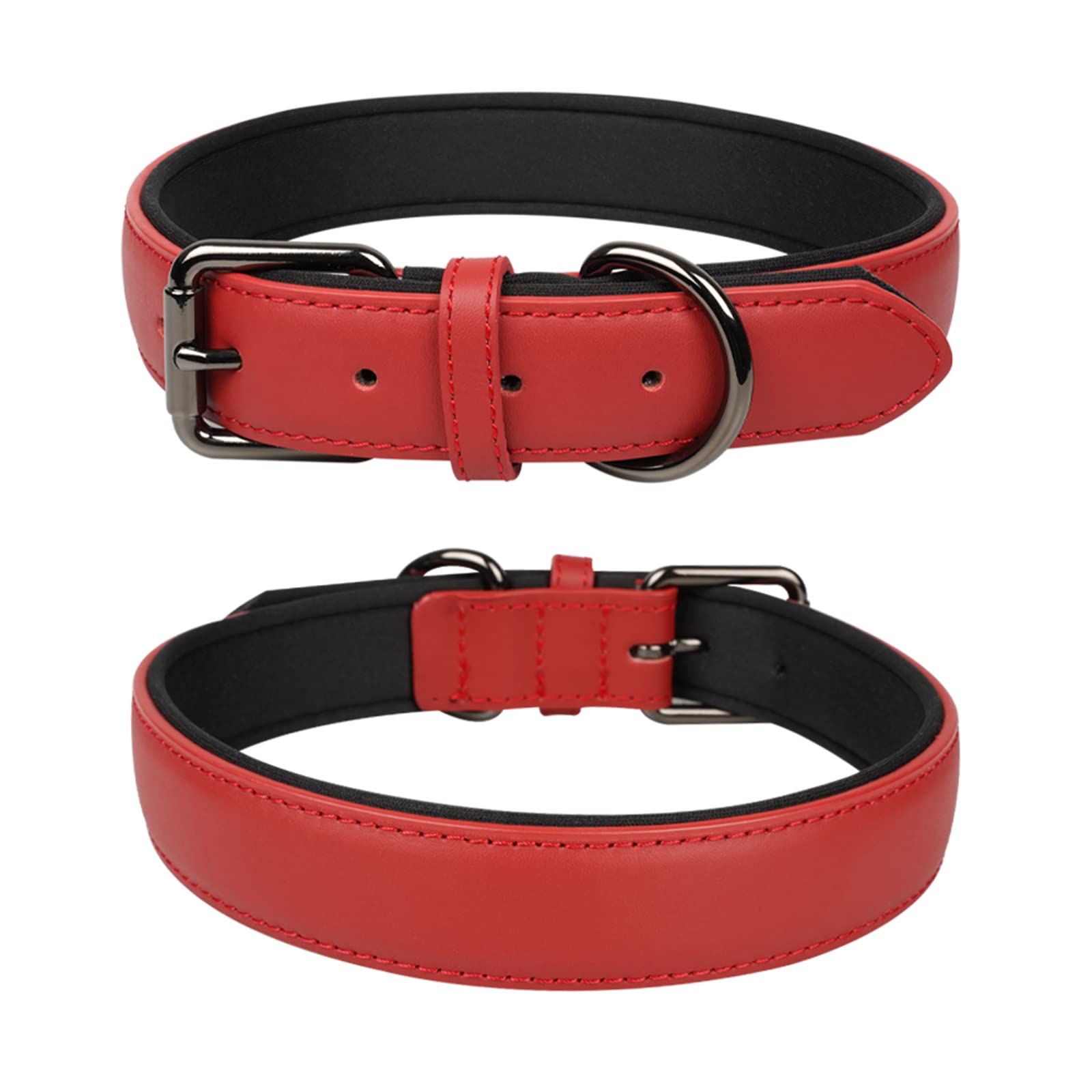 OFHome Dog Collar Leather Red Soft Padded Comfortable Adjustable Strong Pet Collars Best for Small Medium Large Dogs with Heavy Duty Buckle (Red, S)