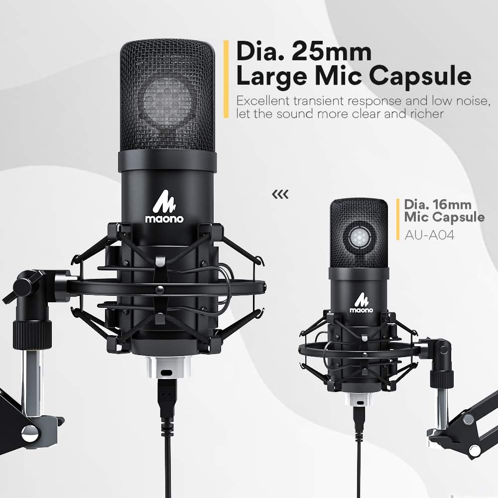 USB Microphone 25mm Large Diaphragm MAONO AU-A425 Plus 192KHZ/24Bit Cardioid Condenser PC Microphone with Two Metal Stand for Podcasting, Gaming, Studio/Home Recording, Streaming, YouTube, Computer