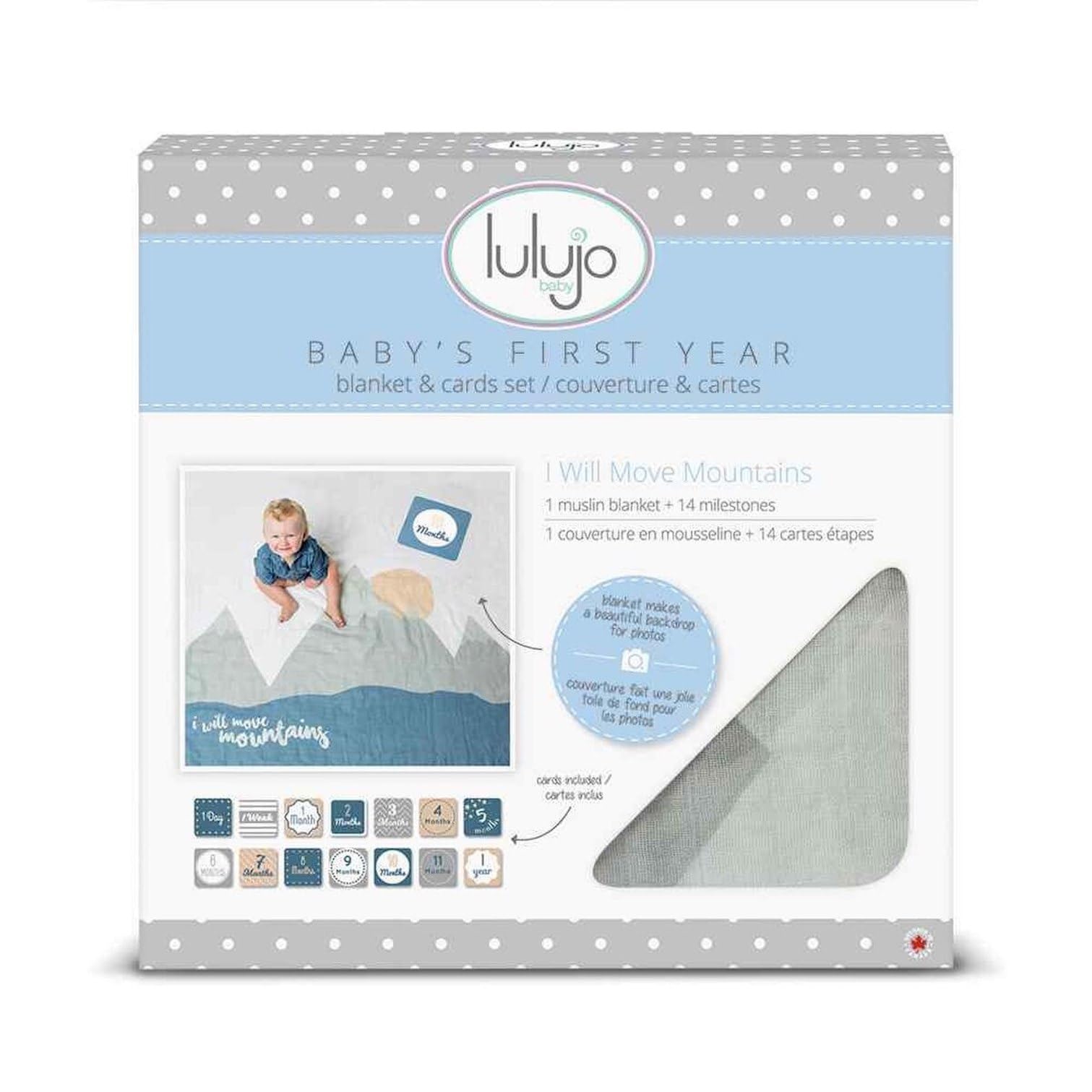 Lulujo Milestone Swaddle Blanket and Card Set, I Will Move Mountains