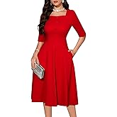 Bbonlinedress Women Cocktail Dress Formal Wedding Guest 3/4 Sleeve A-Line Swing Square Neck Church Midi Tea Prom Dress