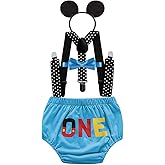 FMYFWY Baby Boys 1st Birthday Outfits Cake Smash Photo Props 4Pcs Clothes Set ONE Bloomers Suspenders Bowtie Headband