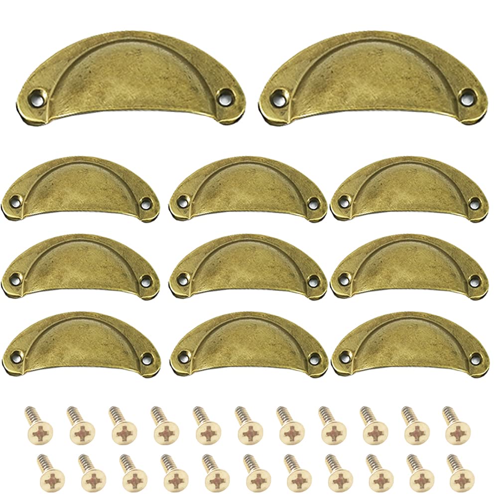 Ruidee 12 Picecs Shell Cup Handles Vintage Half Moon Drawer Pull Handle with Screws for Cabinet Cupboard Dresser Wardrobe Drawer (Brass)