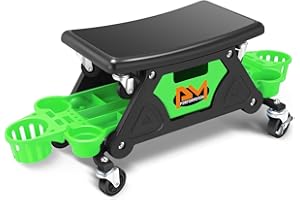 PM PERFROMOTOR PM PERFORMOTOR Mechanic Stool - 25-1/2" x 13" x 12" (L x H x W), Rolling Work Seat w/Lockable Swivel Wheels and Storage Tool Tray, Green,PM-TOL-CRS-GR