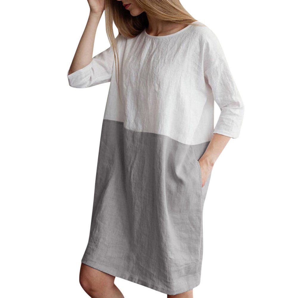 POTO Women Dresses, Loose Color Stitching Casual Dresses with Pockets Cotton Linen Tunic Dress Party Dress Beach Dress