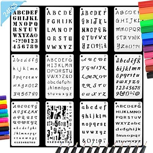 Angshop 12PCS Bullet Journal Stencils Bujo Template Letters Number Alphabet Stencils and 12PCS Color Pens Planner/Notebook/Diary/Scrapbooking/Journaling/Graffiti/Card DIY Drawing Painting Art Craft
