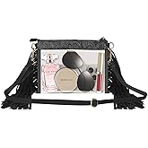 MOETYANG Clear Western Purse with Leather Fringe Trim, Brown Tassel Design, Transparent