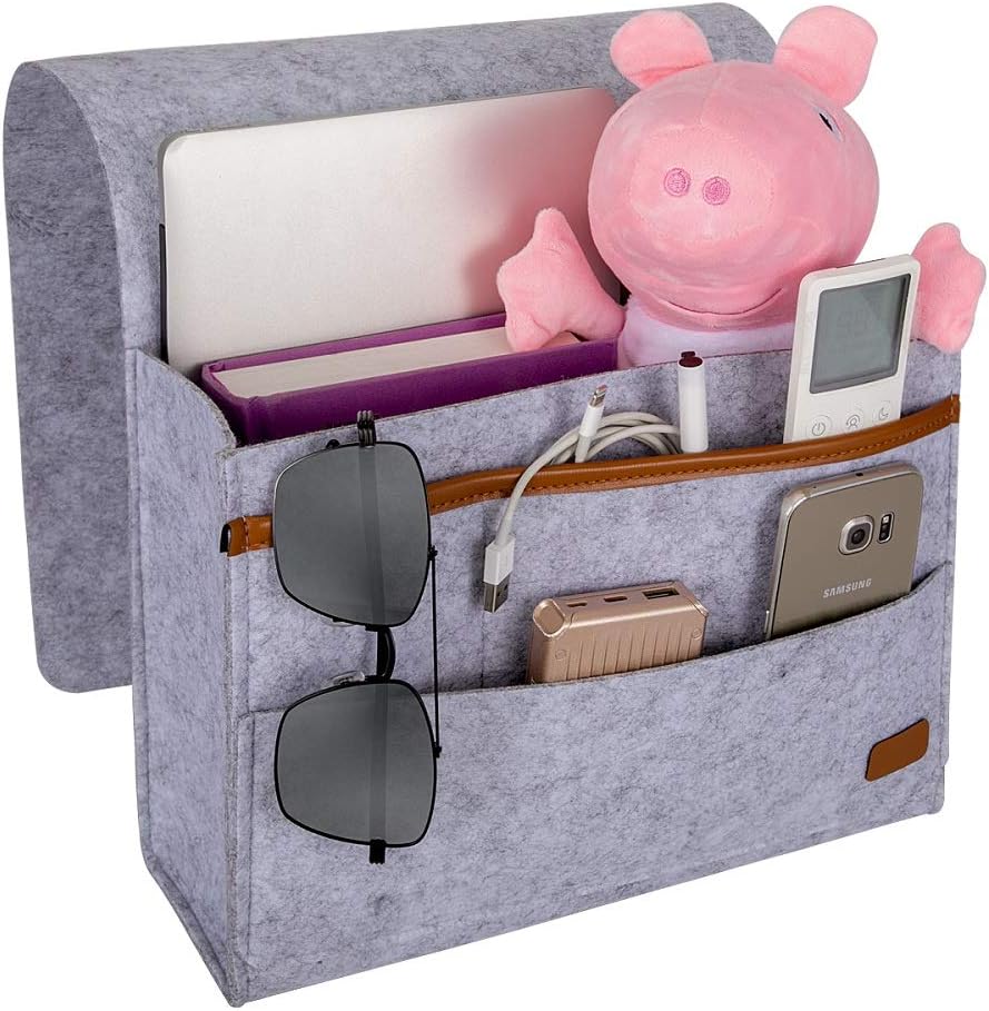EXECCZO Bedside Caddy for Dorm College Room Bunk Bed, Bed Caddy Storage Organizer Home Sofa Desk Felt Bedside Pocket for Organizing Tablet Pad Magazine Books Phone Chargers Cable（Light Grey）