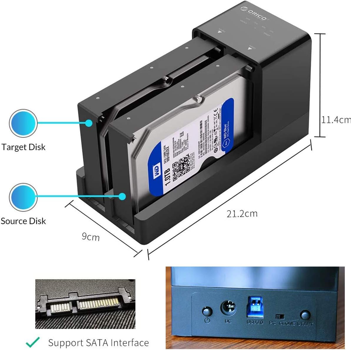 ORICO USB 3.0 to SATA Dual Bay External Hard Drive Docking Station Enclosure for 2.5 or 3.5 in HDD SSD with Offline Clone/Duplicator Function [ 20TB Support ]: Computers & Accessories