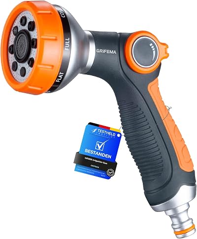 GRIFEMA GE1303 Garden Hose Spray Gun, 8 Patterns, High Pressure, Orange/Black