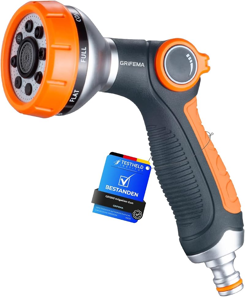 GRIFEMA GE1303 Garden Hose Spray Gun, 8 Patterns, High Pressure, Orange/Black