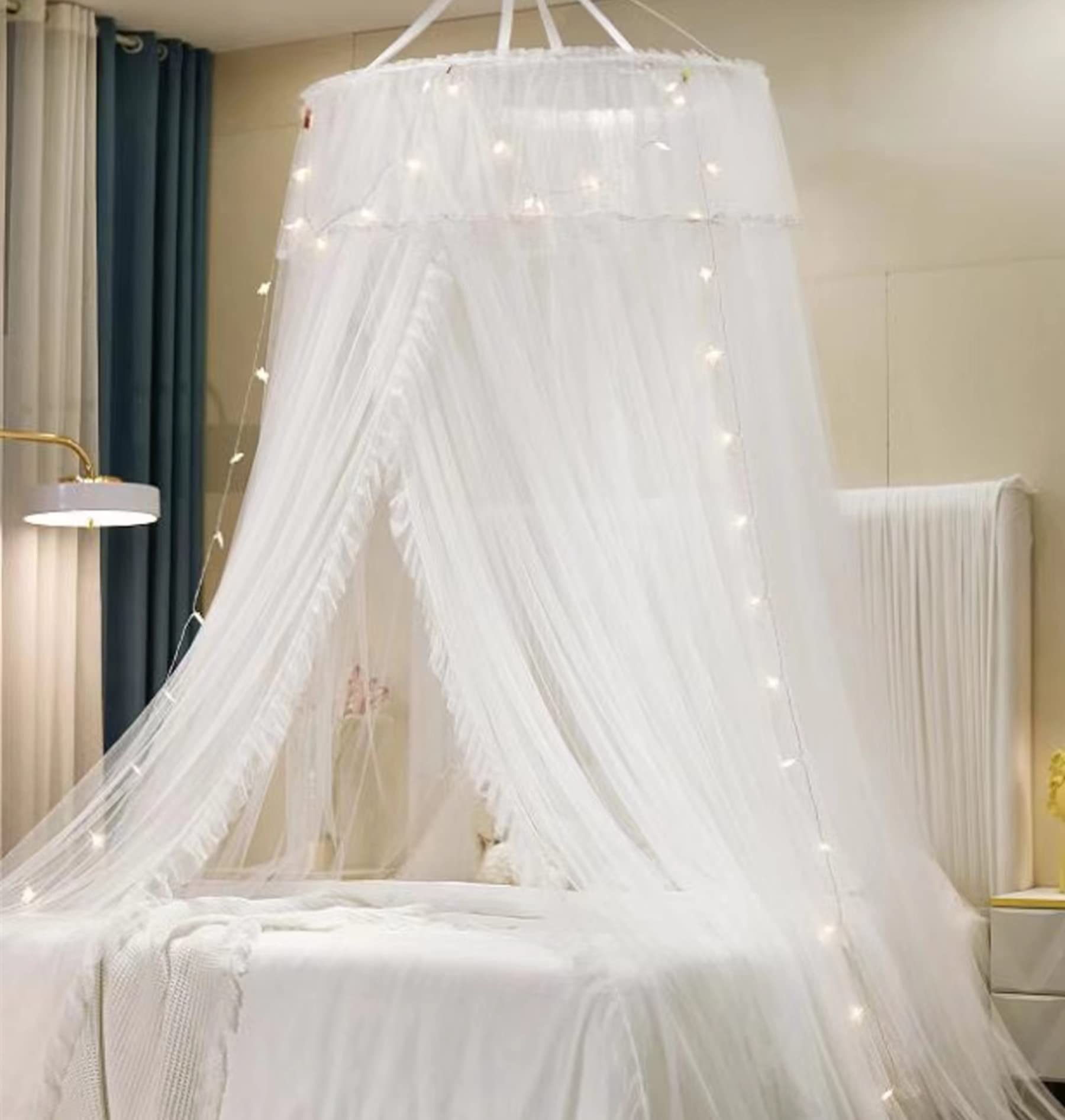 View 1 of VETHIN Princess Bed Canopy for Girls Double Layer Sheer Mesh Dome Elegant Lace Mosquito Net Bed Curtain for Full Queen King Bed with led Stars String Lights(White/White)