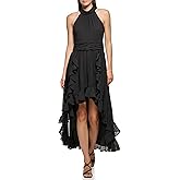 Karl Lagerfeld Paris Womens Chiffon High-Low Maxi Dress with Ruffle Skirt and Mock Neck