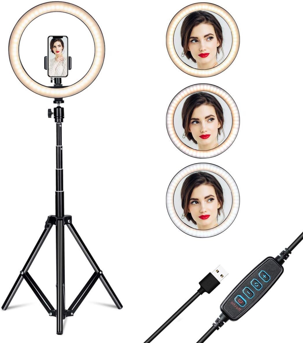 Jstbuy Ring Light 10" with Tripod Stand and Phone Holder for YouTube, TIK Tok Video & Streaming, Desk Makeup LED Ring Light Dimmable for Photography Lighting, Selfie with 3 Light Modes